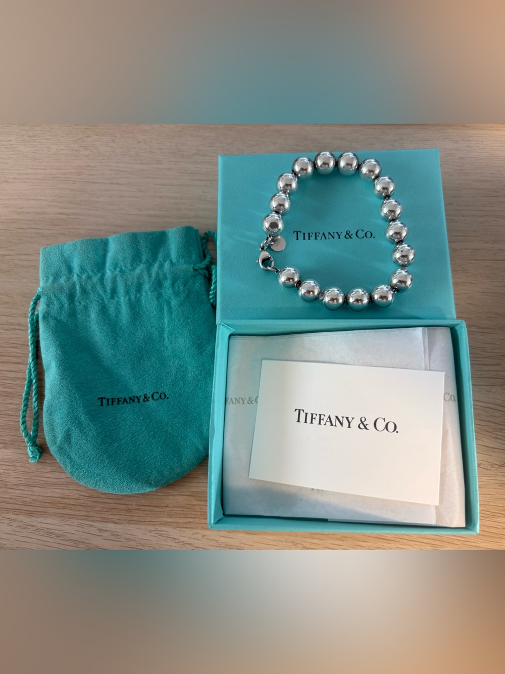 Tiffany & Co. Sterling Silver Bead Bracelet with Logo Tag - Turquoise Pouch